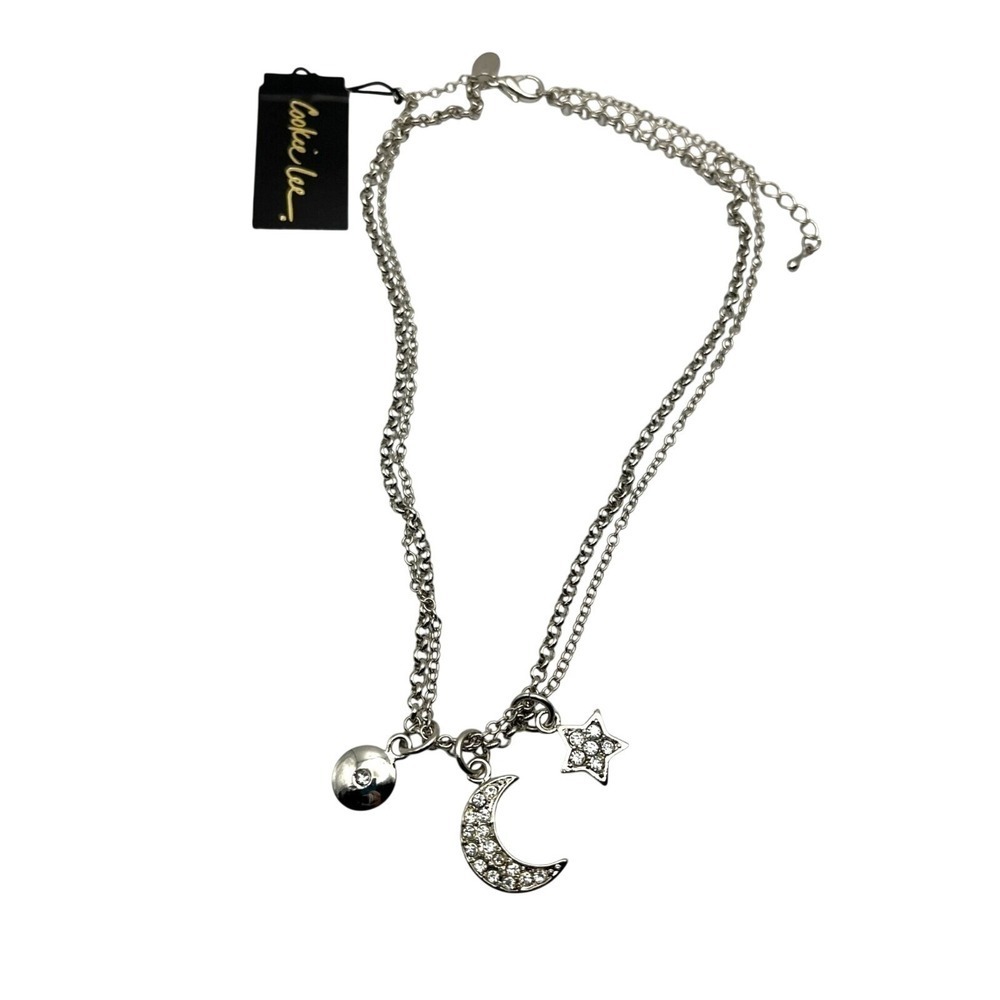 Celestial Moon and Star Rhinestone Double Necklace Whimsigoth Stargirl Bohemian